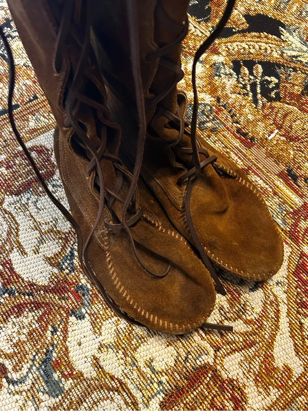 Vintage 70s Brown Suede Leather Lace-Up Fringe Knee-High Moccasins Boots